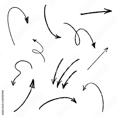 Set of hand drawn grunge brush stroke black arrows. Isolated vector illustration on a white background.
