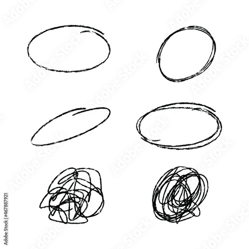 Vector Set of 9 Hand Drawn Scribble Circles. Paint ink brush strokes. Uniqiue handdrawn shapes of ovals for logo and graphic design. Isolated black vector illustration on a white background.