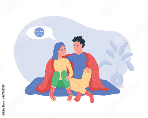 Couple talking about worries 2D vector isolated illustration. Upset girl speaking with boyfriend. Romantic partners flat characters on cartoon background. Relationship problems colourful scene