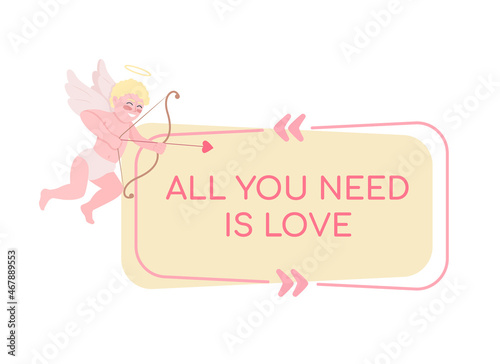 All you need is love vector quote box with flat character. Amour for Valentines day. Romantic relationship. Speech bubble with cartoon illustration. Colourful quotation design on white background