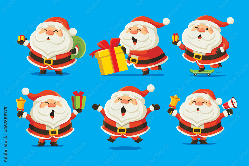 Collection of Christmas Santa Claus character set. Flat design of funny cute Santa Claus with different postures and  Christmas elements bell, present, bag, megaphone. Merry Christmas vector