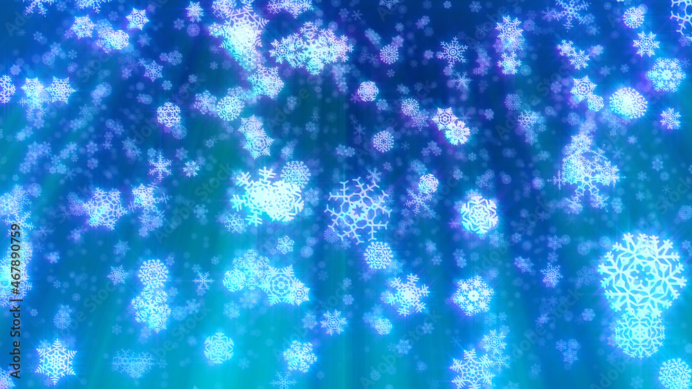 Christmas snowflakes illustration. Also available as an animation - search for 197511814 in Videos. Blue, turquoise and white. Holiday background of snow falling.