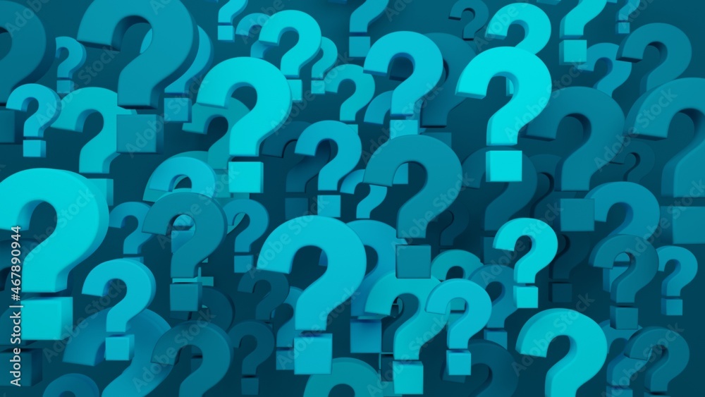 3D render of front view of blue question marks on dark blue background 3D render of front view of blue question marks on dark blue background
