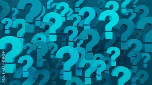 3D render of front view of blue question marks on dark blue background
