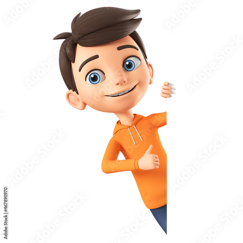 Cartoon boy character in orange sweatshirt showing thumb up peeking out from behind a blank board. 3d render illustration.
