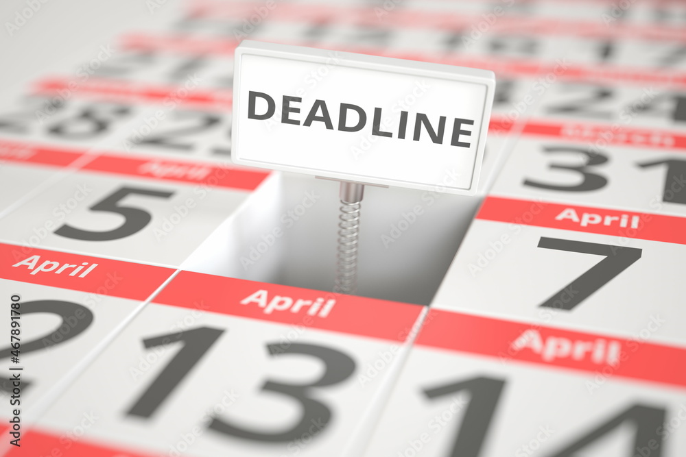DEADLINE plate on April 6 in a calendar, 3d rendering DEADLINE plate on April 6 in a calendar, 3d rendering