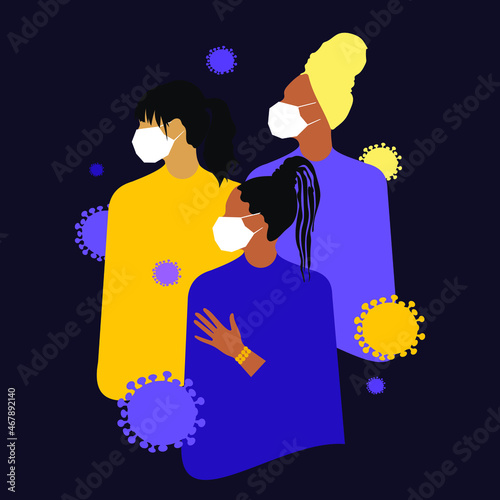 Coronavirus quarantine concept. Three stylish women wearing medical masks of different nationalities and religions experience fear and anxiety. Female solidarity. Purple and yellow. Vector.