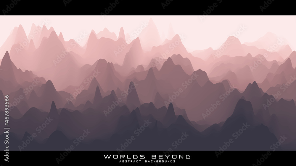 Abstract reddish landscape with misty fog till horizon over mountain slopes. Gradient eroded terrain surface. Worlds beyond. - obrazy, fototapety, plakaty 