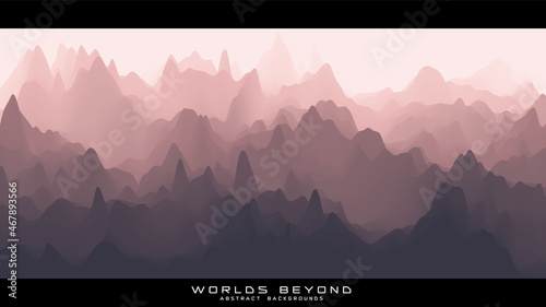 Abstract reddish landscape with misty fog till horizon over mountain slopes. Gradient eroded terrain surface. Worlds beyond.