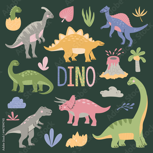 Set of various cartoon dinosaurs among tropical plants  palm trees  volcanoes and DINO lettering. Cute colorful animals isolated on green background. Hand drawn modern trendy flat vector illustration.
