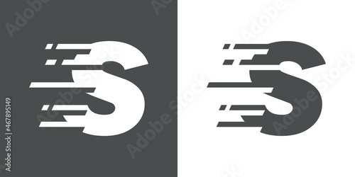 Símbolo rapidez. Logotipo con letra inicial S con líneas de velocidad en fondo gris y fondo blanco
