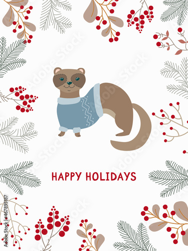 Cute postcard with a ferret. Christmas greeting gift cards with winter elements and holiday wishes. Winter vector illustration isolated on white background.