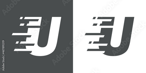 Símbolo rapidez. Logotipo con letra inicial U con líneas de velocidad en fondo gris y fondo blanco