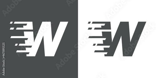 Símbolo rapidez. Logotipo con letra inicial W con líneas de velocidad en fondo gris y fondo blanco