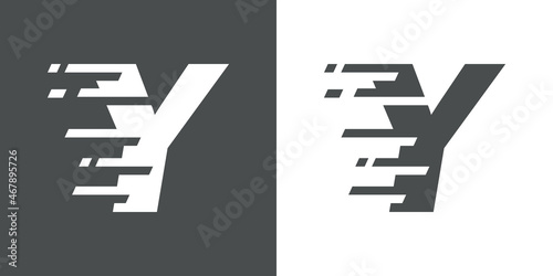 Símbolo rapidez. Logotipo con letra inicial Y con líneas de velocidad en fondo gris y fondo blanco