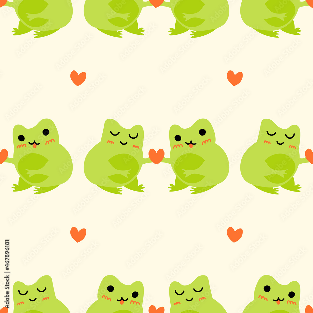 Obraz premium Cute cartoon frogs with hearts. Enamored green toads. Vector animal characters seamless pattern of amphibian toad drawing.Childish design for baby clothes, bedding, textiles, print, wallpaper.
