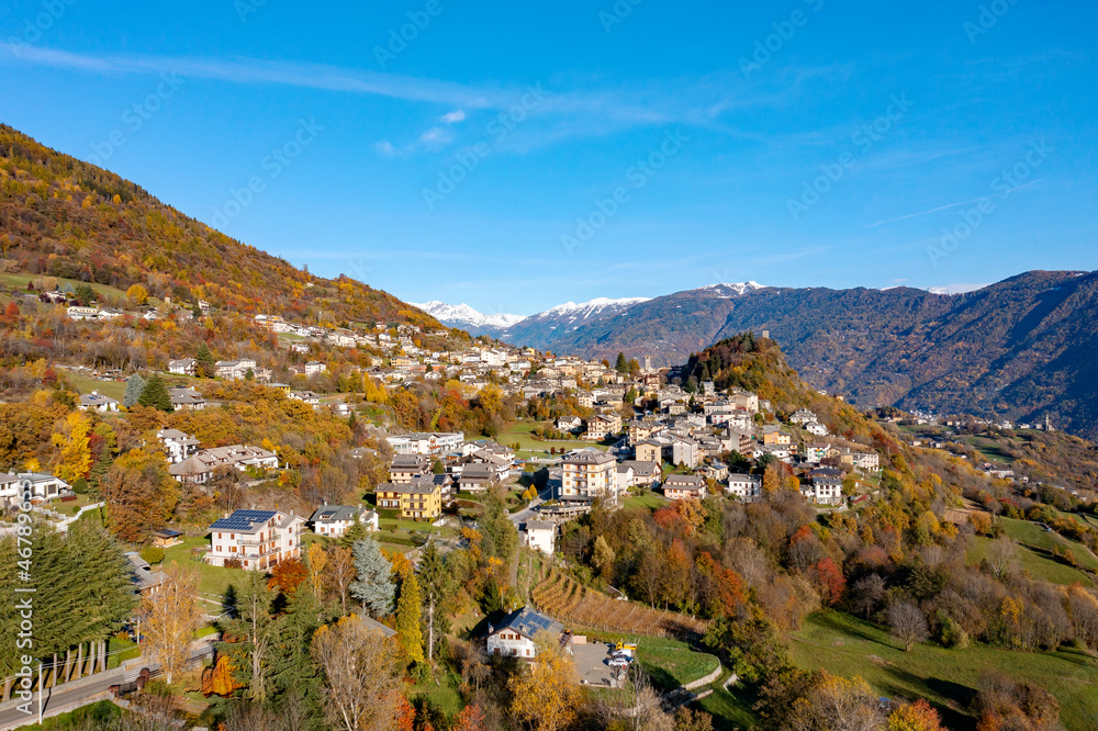 Teglio in Valtellina, Italy, Aerial view of the town in autumn	