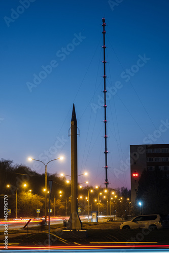 View of the Obninsk weather mast and rocket in the evening