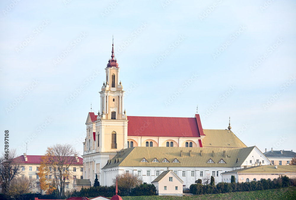 Hrodna Catholic baroque Monastery of Bernardine and church of Discovery of Holy Cross in visafree Grodno Belarus Eastern Europe city sunny autumn morning tele shot with copyspace.