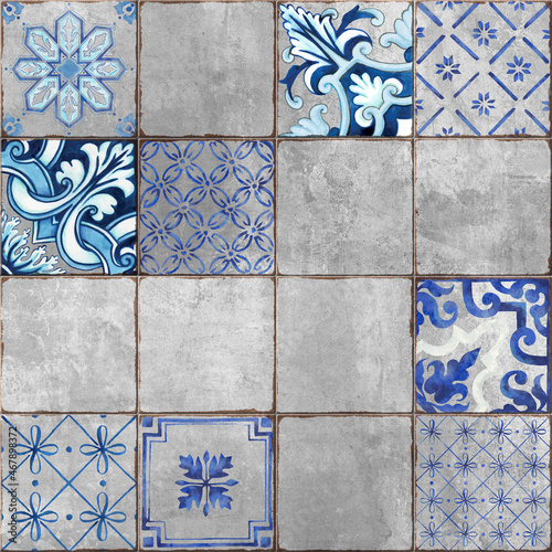 Digital colorful wall tile design for washroom and kitchen. Italian ceramic tile pattern on the marbles. Ethnic folk ornament. Mexican talavera, Portuguese azulejo or Spanish majolica.