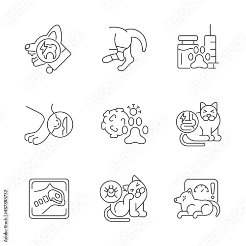 Pet physical injuries linear icons set. Domestic animal disease. Body illness. Infectious parasites. Customizable thin line contour symbols. Isolated vector outline illustrations. Editable stroke