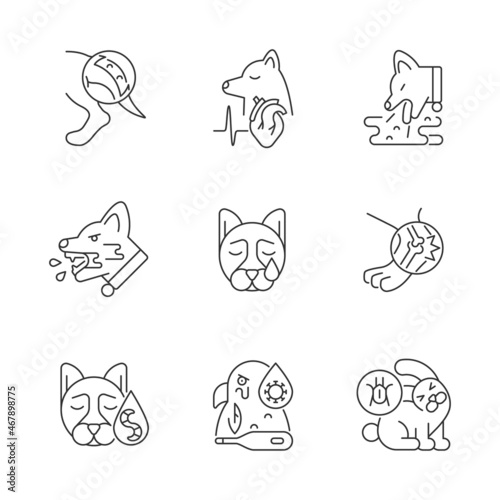 Domestic animal disease linear icons set. Pets health problems. Infectious illness. Infectious parasites. Customizable thin line contour symbols. Isolated vector outline illustrations. Editable stroke