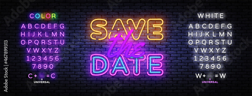 Save the Date neon sign vector design template. Save the Date neon banner, design element colorful modern design trend, night bright advertising, bright sign. Vector. Editing text neon sign