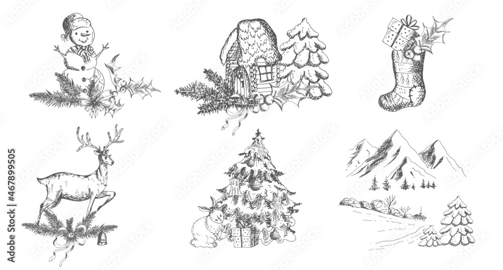Fototapeta premium Christmas, New Year composition. Vector illustration, sketch, drawing.