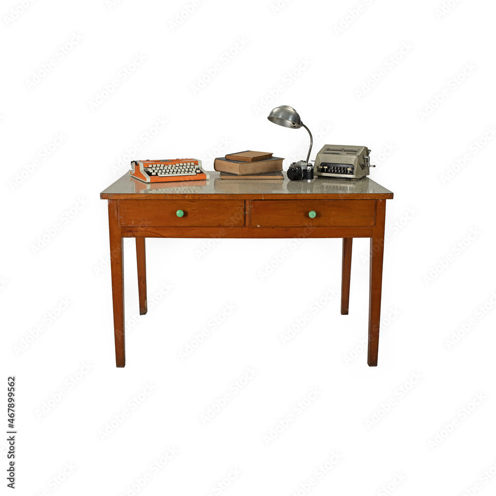 Retro wooden desk table on white background 