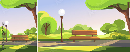 Bench in summer park. Outdoor scene in different formats.