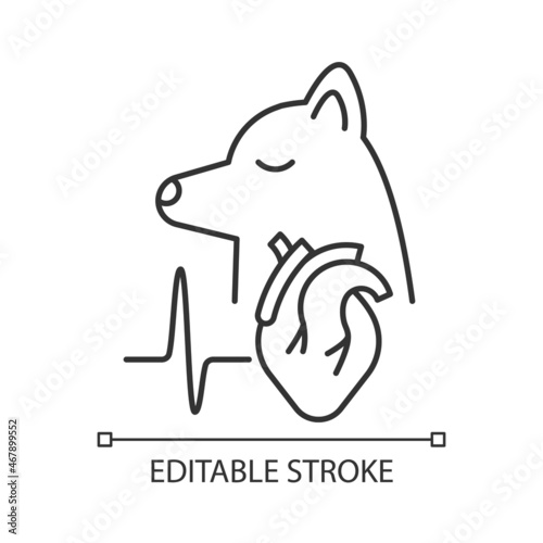 Pet heart disease linear icon. Pumping blood trouble. Artery system problems. Heart failure. Thin line customizable illustration. Contour symbol. Vector isolated outline drawing. Editable stroke