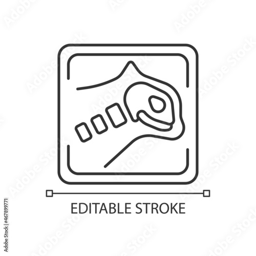 Pet x rays linear icon. Radiography diagnostic. Tomographic analysis. Pet skeleton examination. Thin line customizable illustration. Contour symbol. Vector isolated outline drawing. Editable stroke