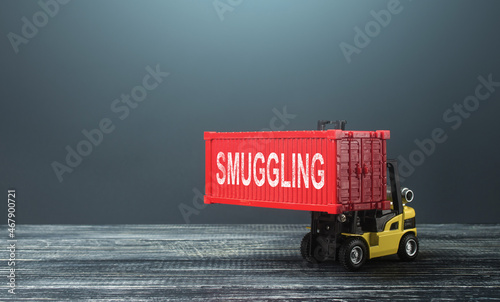 Forklift with smuggling of container. International trade smuggling. Illegal import of products, human trafficking, drug and weapon traffic. Transportation of prohibited goods. High corruption photo