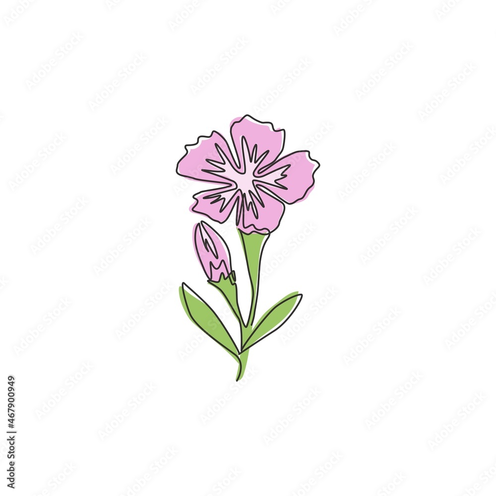 Single continuous line drawing of beauty fresh dianthus for home art wall decor poster print. Printable decorative sweet william flower concept for . Trendy one line draw design vector illustration