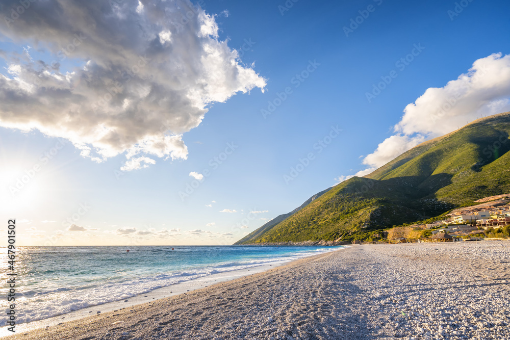 Sea landscape with mountains and clouds in Albania.