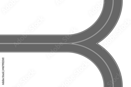 Asphalt road fork top view. Highway part with marking. Roadway element for city map isolated on white background. Vector flat illustration.