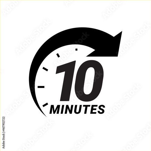 10 Minute timer icons. sign for ten minutes. The arrow indicates the limited cooking time or deadline for an event or task. Vector illustration