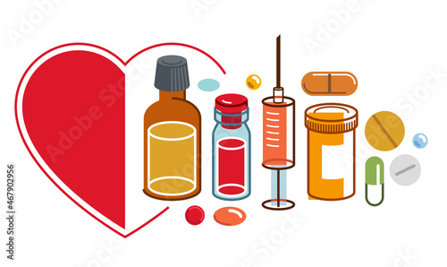 Medical clinic or hospital flyer in a shape of heart, big composition set of medicaments vector flat illustration isolated, advertising banner health care and healing medical theme design.