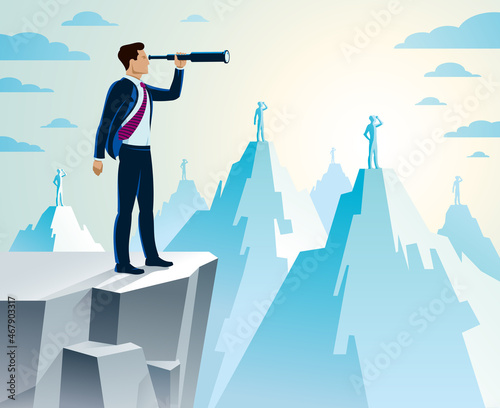Businessman looking for opportunities in spyglass standing on top peak of mountain business concept vector illustration, successful young handsome business man searches new perspectives.