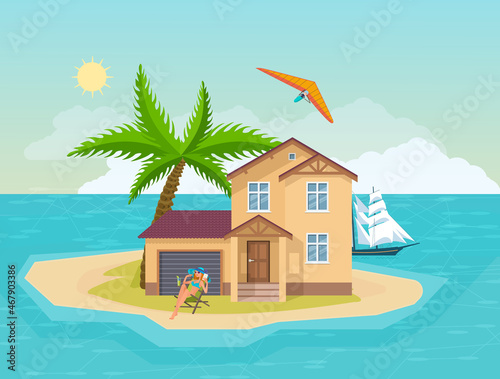 Happy woman sunbathing on beach summer vacation. Seaside villa house at island sea ocean