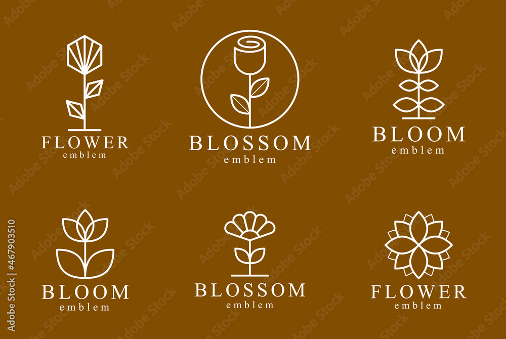 Geometric linear style vector flower logos or emblems set, sacred geometry floral symbols line drawing emblems collection, blossoming flower hotel or boutique or jewelry logotypes.