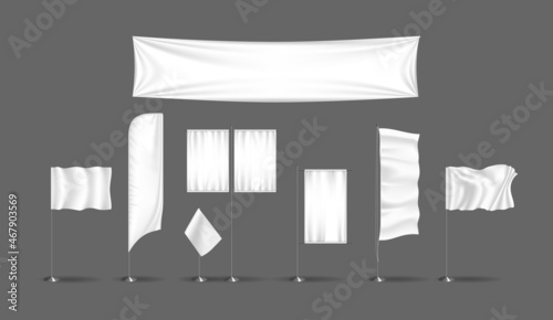 Realistic tissue banner and flag for advertising template set. Advertisement promo poster on pillar