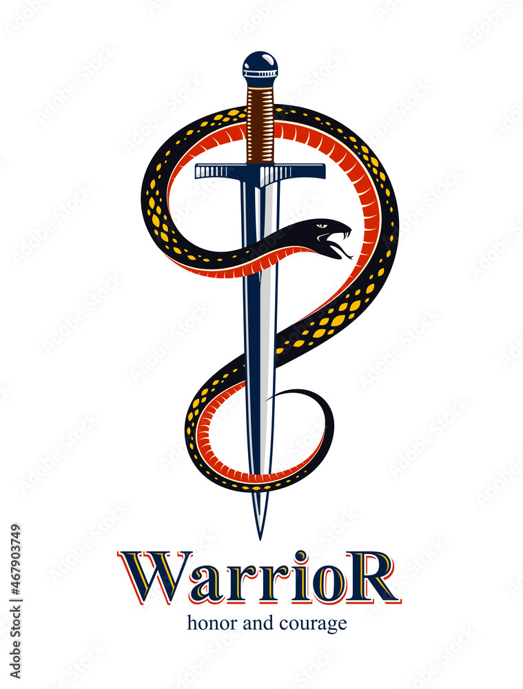 Snake and Dagger, Serpent wraps around a sword vector vintage tattoo, Roman god Mercury, luck and trickery, allegorical logo or emblem of ancient symbol. Snake and Dagger, Serpent wraps around a sword vector vintage tattoo, Roman god Mercury, luck and trickery, allegorical logo or emblem of ancient symbol.