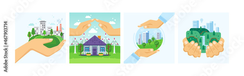 Set city in hands ecology protection. Modern urban environmental conservation Earth day concept