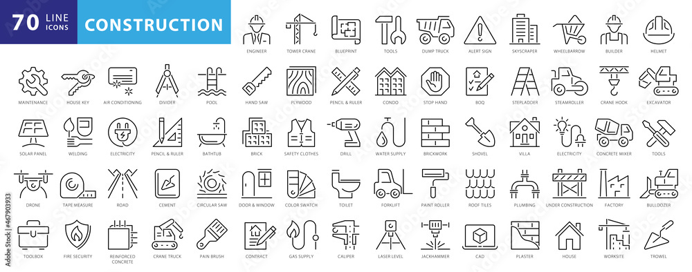 Outline web icons set - construction, home repair tools. Thin line web icons collection. Simple vector illustration - obrazy, fototapety, plakaty 