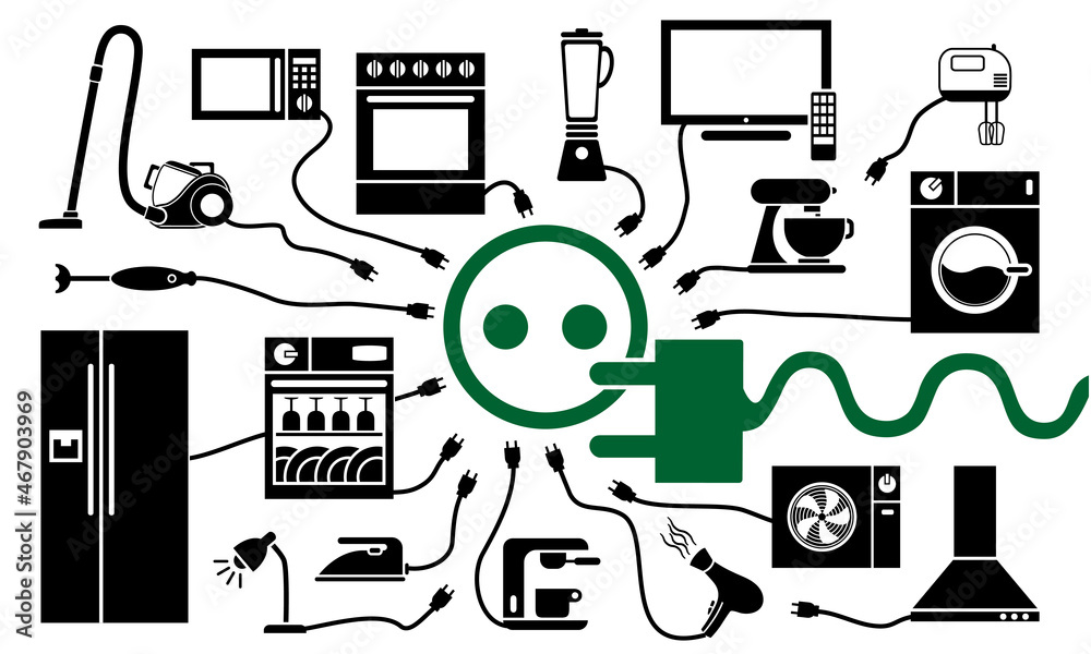Ensemble de pictogrammes d’appareils ménagers qui fonctionne à l’électricité en se branchant à une prise électrique.