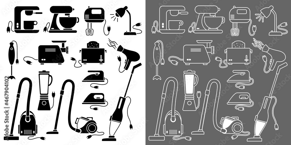 Collection de pictogrammes de petits électro-ménagers sous forme de silhouettes noires ou de trait blanc.