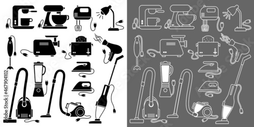Collection de pictogrammes de petits électro-ménagers sous forme de silhouettes noires ou de trait blanc.