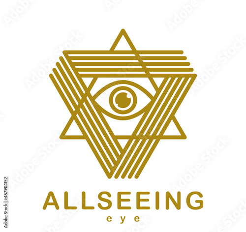 All seeing eye in triangle pyramid vector ancient symbol in modern linear style isolated on white, eye of god, masonic sign, secret knowledge illuminati.