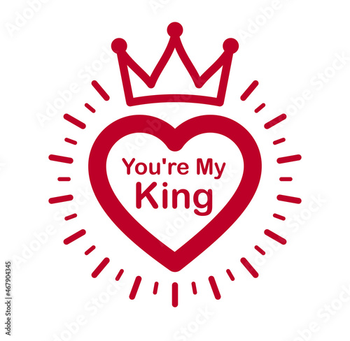 King or queen concept vector emblem isolated, humorous romantic greetings design element, heart shaped love and mating theme icon, beauty great look compliment.